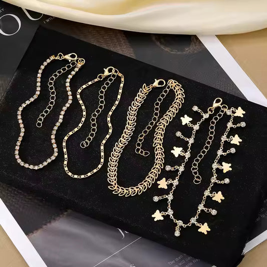4Pcs Butterfly Zircon Tennis Anklet Set – Layered Sparkling Jewelry
