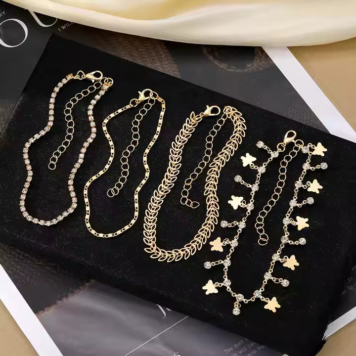 4Pcs Butterfly Zircon Tennis Anklet Set – Layered Sparkling Jewelry