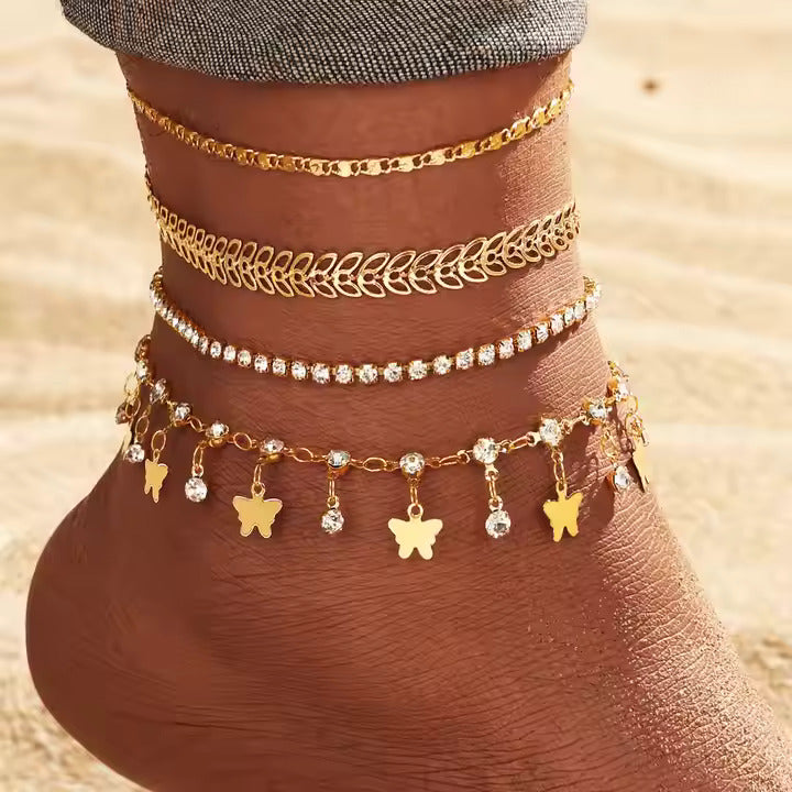 4Pcs Butterfly Zircon Tennis Anklet Set – Layered Sparkling Jewelry