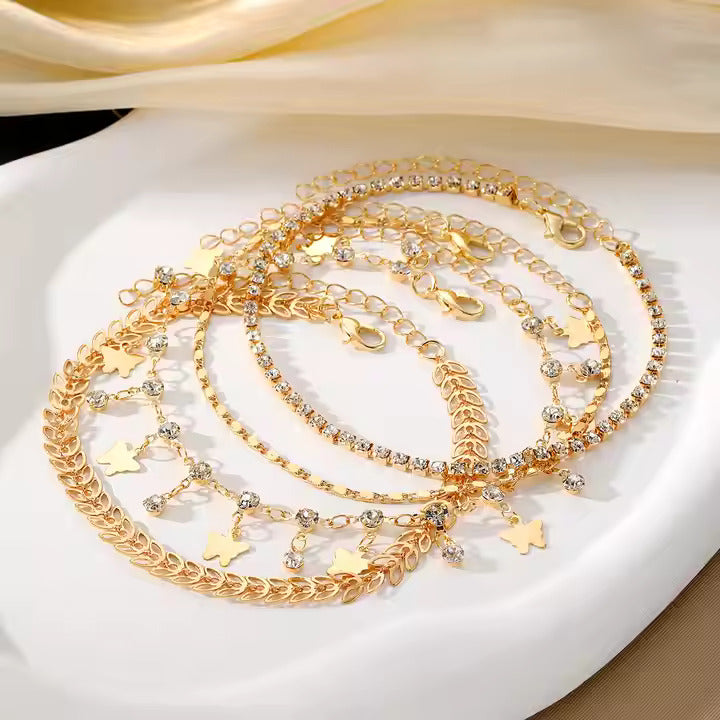 4Pcs Butterfly Zircon Tennis Anklet Set – Layered Sparkling Jewelry