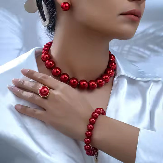 Vintage 5-Piece Red Pearl Jewelry Set – French-Inspired Gift for Women