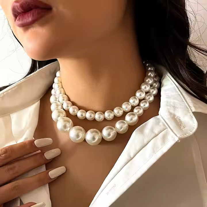 2-Piece Large Pearl Beaded Choker Set – Trendy Wedding Jewelry