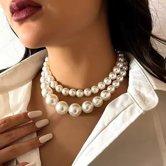 2-Piece Large Pearl Beaded Choker Set – Trendy Wedding Jewelry