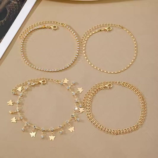 4Pcs Butterfly Zircon Tennis Anklet Set – Layered Sparkling Jewelry