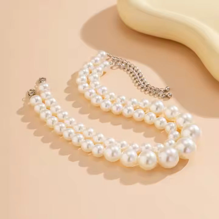 2-Piece Large Pearl Beaded Choker Set – Trendy Wedding Jewelry