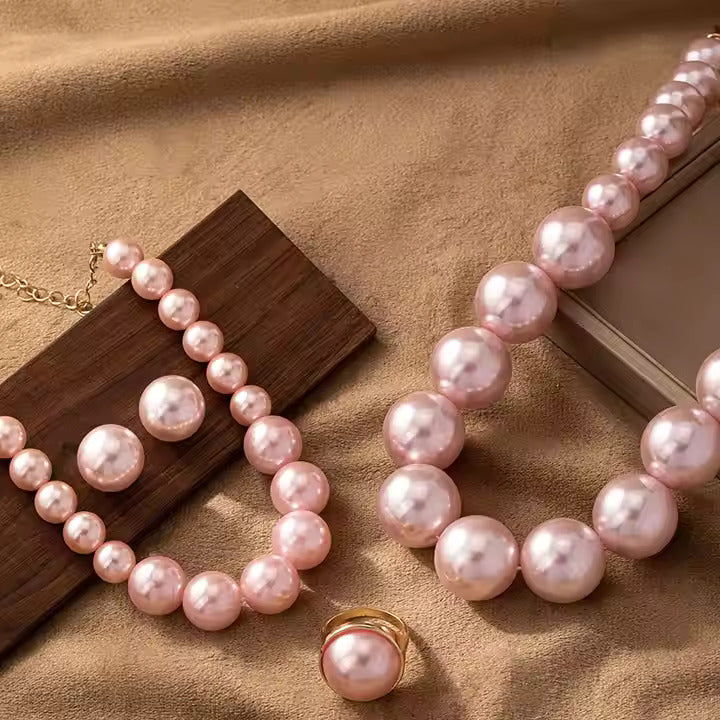 Vintage 5-Piece Pink Pearl Jewelry Set – French-Inspired Gift for Women