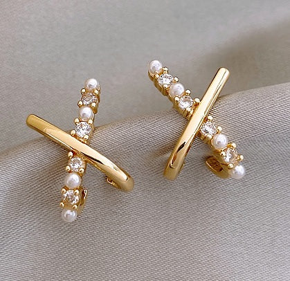 Luxury X-Shape Zircon Pearl Earrings – Cross Design for Women