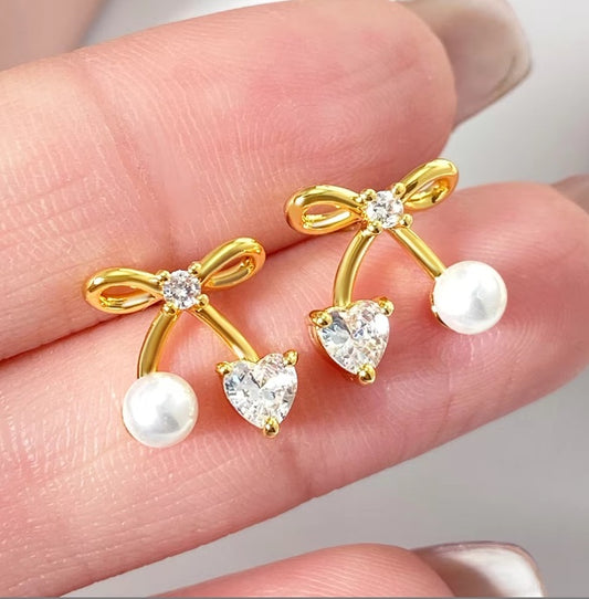 18K Gold Plated Heart Pearl Stud Earrings – CZ Accent, Minimalist Gift for Women -Gold